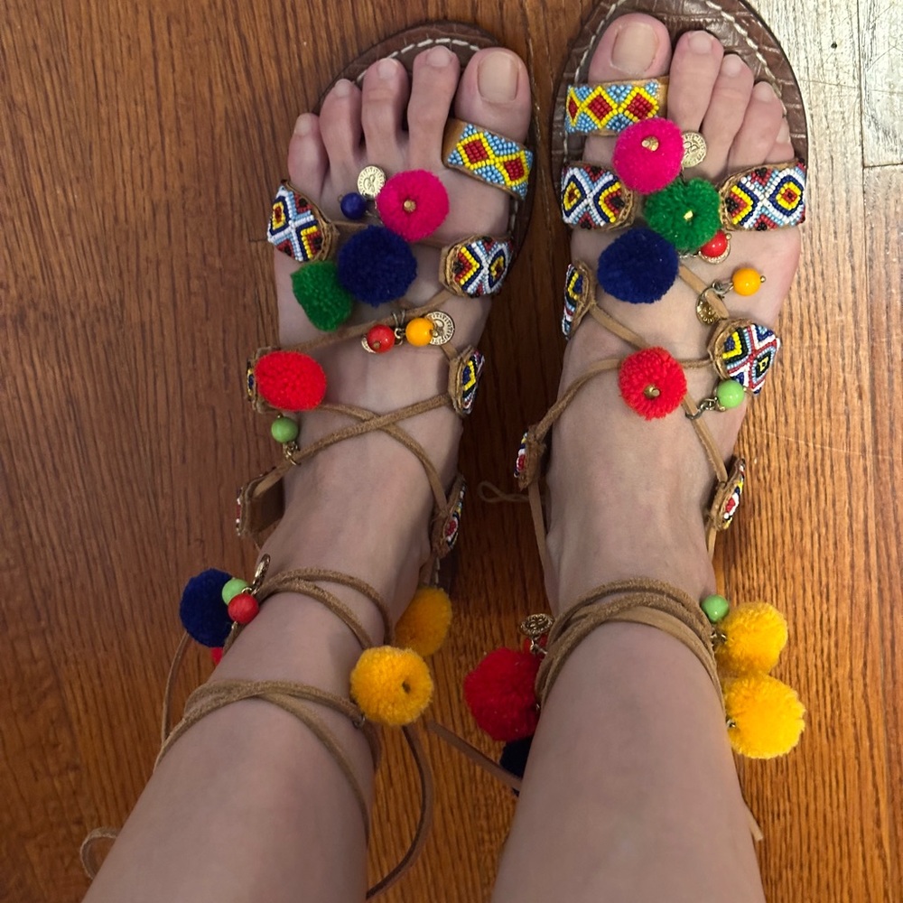 Sam Edelman Red and Blue Sandals with Vibrant Pom-Poms